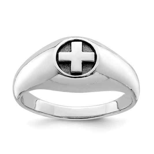 Sterling Silver Rhodium Plated & Antiqued Cross Ring