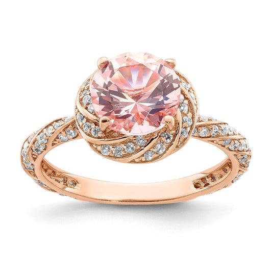 Sterling Silver Rose Tone White Cz And Pink Crystal Ring