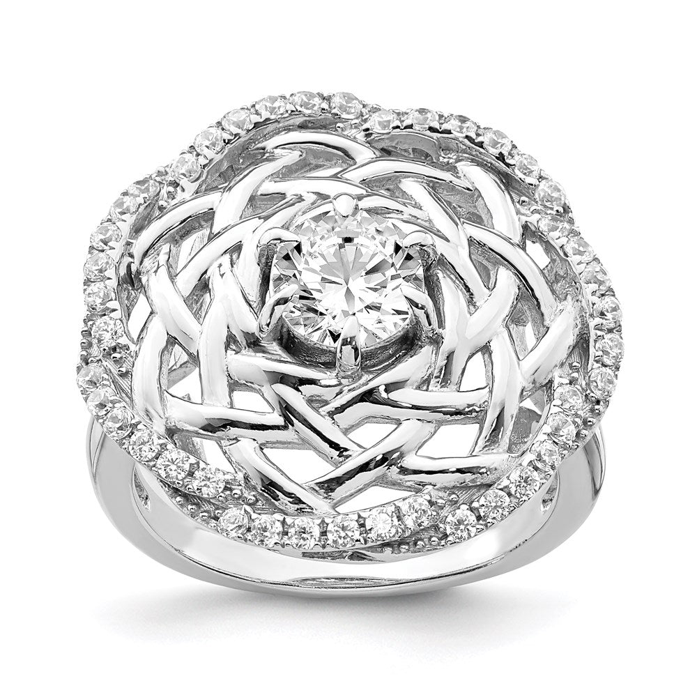 Sterling Silver Rhodium Plated 6mm Cz Center Woven Ring