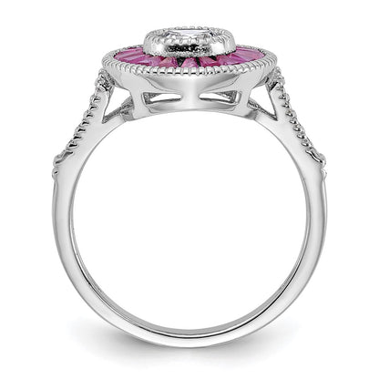 Sterling Silver Rhodium Plated Polished Created Ruby And Cz Ring