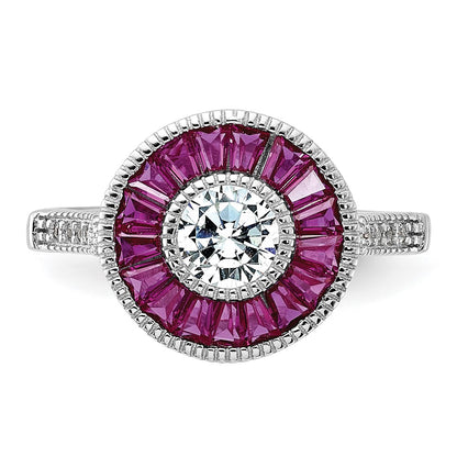 Sterling Silver Rhodium Plated Polished Created Ruby And Cz Ring