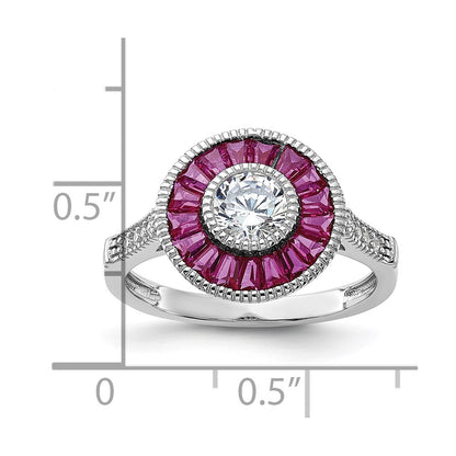 Sterling Silver Rhodium Plated Polished Created Ruby And Cz Ring