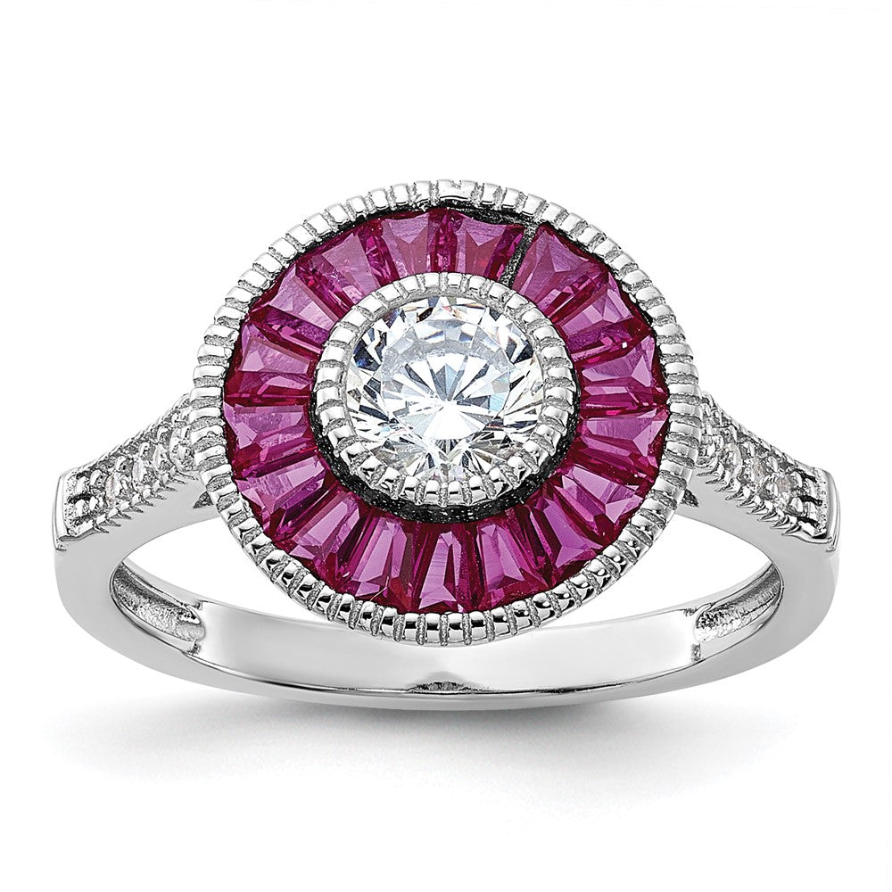 Sterling Silver Rhodium Plated Polished Created Ruby And Cz Ring