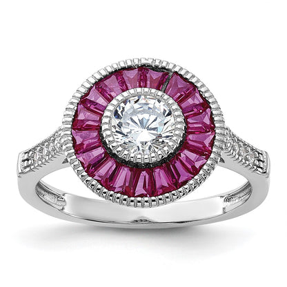 Sterling Silver Rhodium Plated Polished Created Ruby And Cz Ring