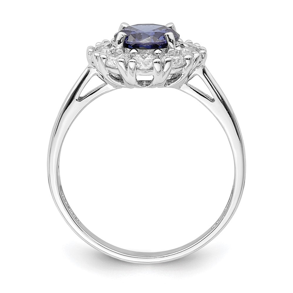 Sterling Silver Rhodium Plated Blue And White Cz Halo Ring