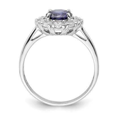 Sterling Silver Rhodium Plated Blue And White Cz Halo Ring