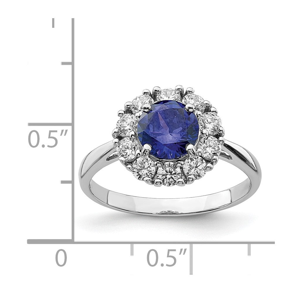 Sterling Silver Rhodium Plated Blue And White Cz Halo Ring