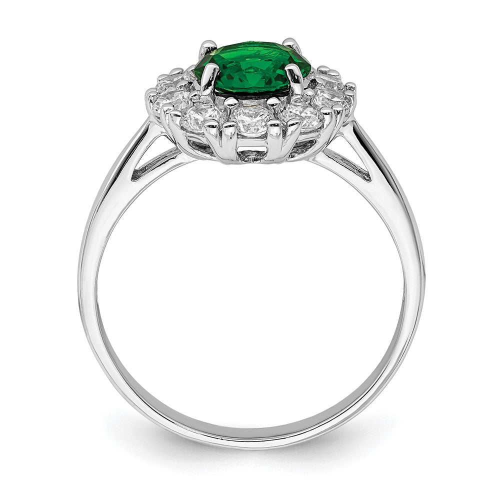 Sterling Silver Rhodium Plated Green Glass And Cz Halo Ring