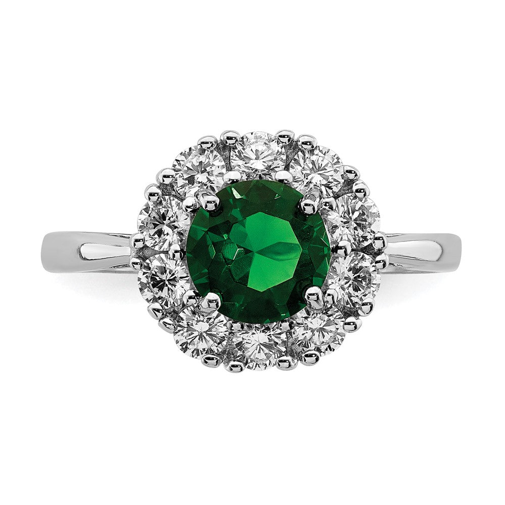 Sterling Silver Rhodium Plated Green Glass And Cz Halo Ring