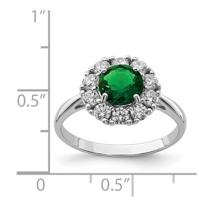 Sterling Silver Rhodium Plated Green Glass And Cz Halo Ring