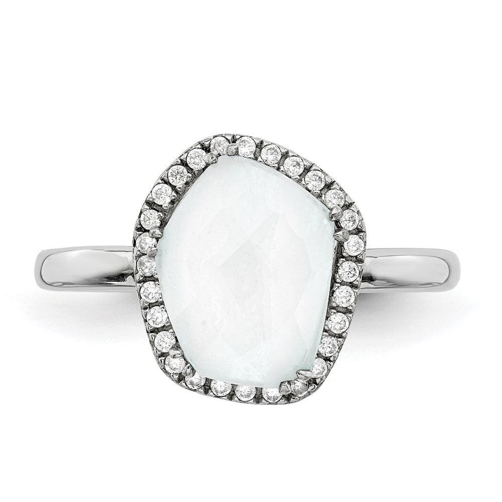 Sterling Silver Rhodium Plated Blue Lace Agate And Cz Ring