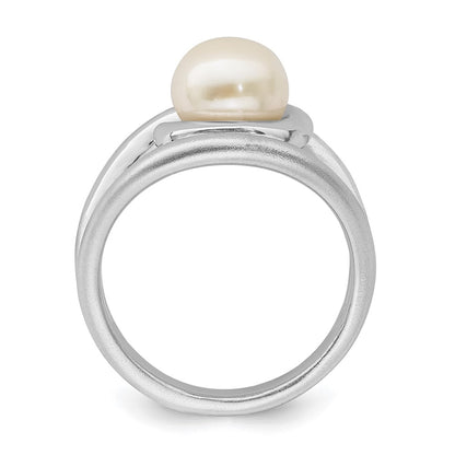 Sterling Silver Rhodium Plated Satin/Polished 8 9mm Button Fwc Pearl Ring (Size 6 Only)