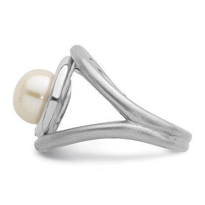 Sterling Silver Rhodium Plated Satin/Polished 8 9mm Button Fwc Pearl Ring (Size 6 Only)