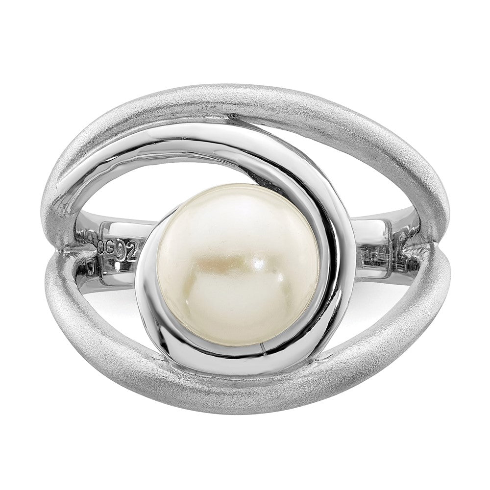 Sterling Silver Rhodium Plated Satin/Polished 8 9mm Button Fwc Pearl Ring (Size 6 Only)
