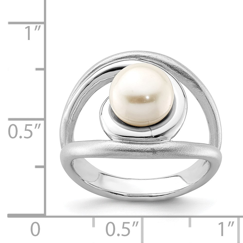 Sterling Silver Rhodium Plated Satin/Polished 8 9mm Button Fwc Pearl Ring (Size 6 Only)