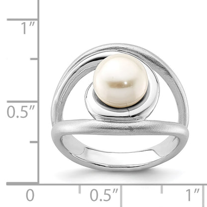 Sterling Silver Rhodium Plated Satin/Polished 8 9mm Button Fwc Pearl Ring (Size 6 Only)