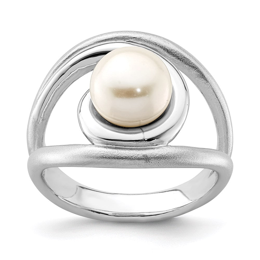 Sterling Silver Rhodium Plated Satin/Polished 8 9mm Button Fwc Pearl Ring (Size 6 Only)