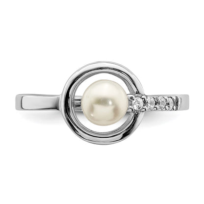 Sterling Silver Rhodium Plated Cz 5 6mm Button Fwc Pearl In Circle Ring