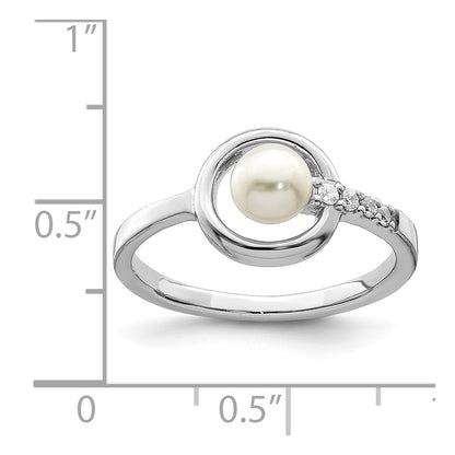 Sterling Silver Rhodium Plated Cz 5 6mm Button Fwc Pearl In Circle Ring