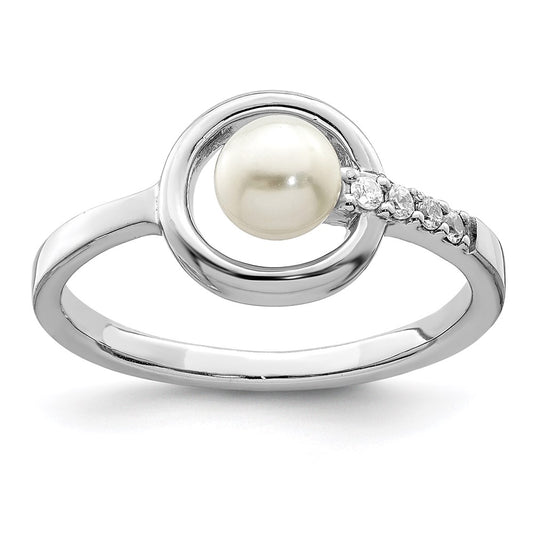 Sterling Silver Rhodium Plated Cz 5 6mm Button Fwc Pearl In Circle Ring