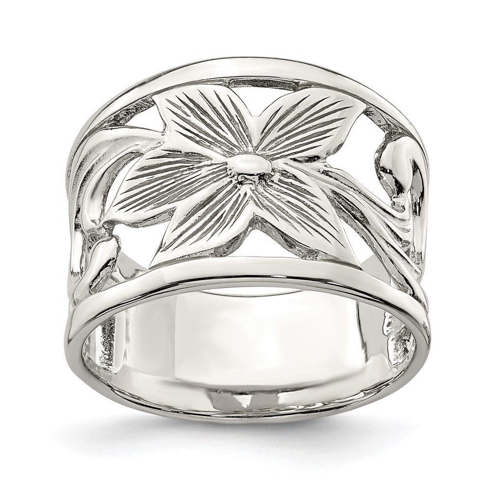 Sterling Silver Rhodium Plated Flower Ring