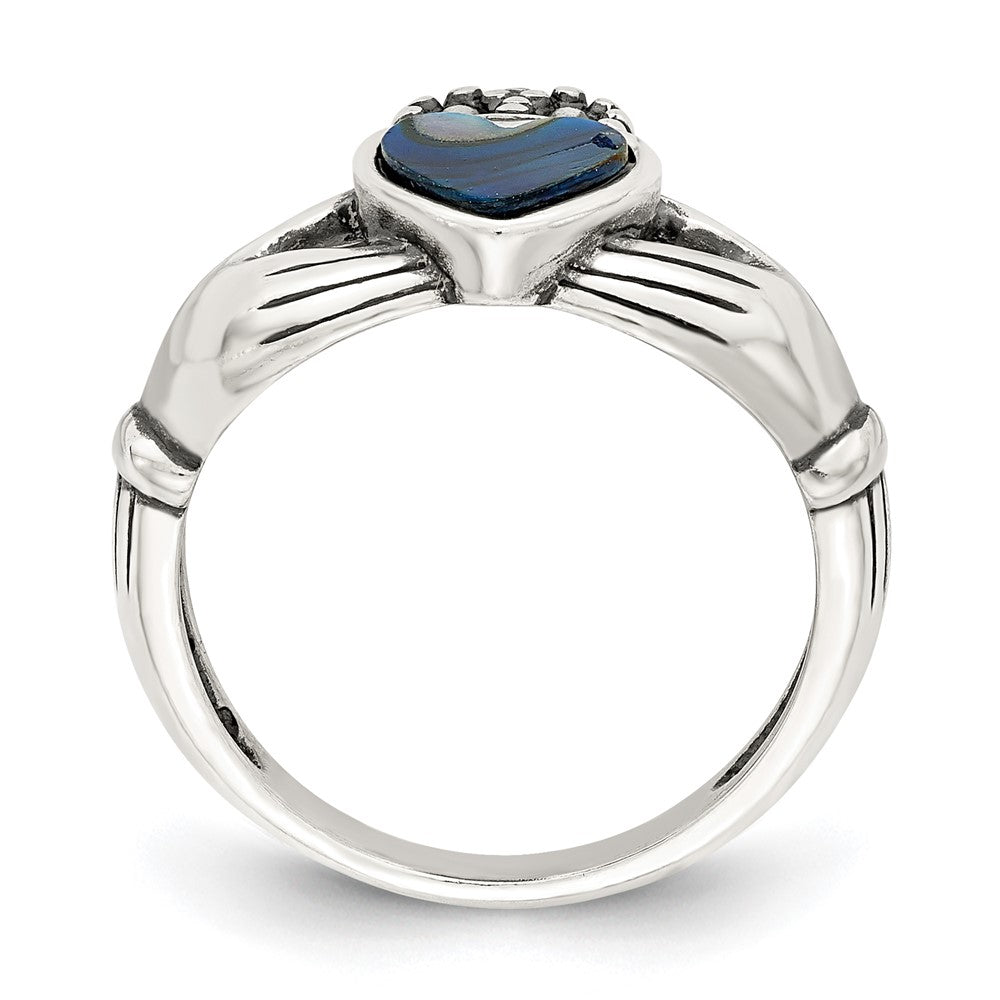 Sterling Silver Antiqued Abalone Inlay And Black Enamel Claddagh Ring