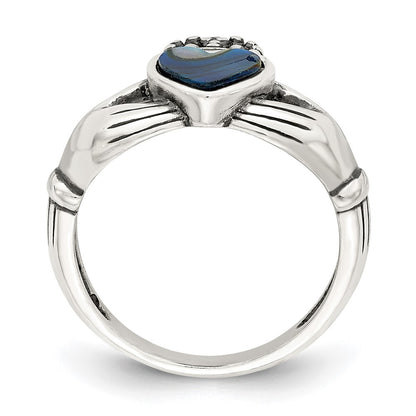 Sterling Silver Antiqued Abalone Inlay And Black Enamel Claddagh Ring