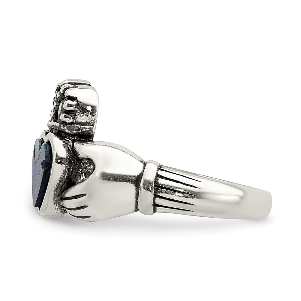 Sterling Silver Antiqued Abalone Inlay And Black Enamel Claddagh Ring