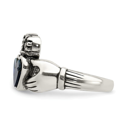 Sterling Silver Antiqued Abalone Inlay And Black Enamel Claddagh Ring