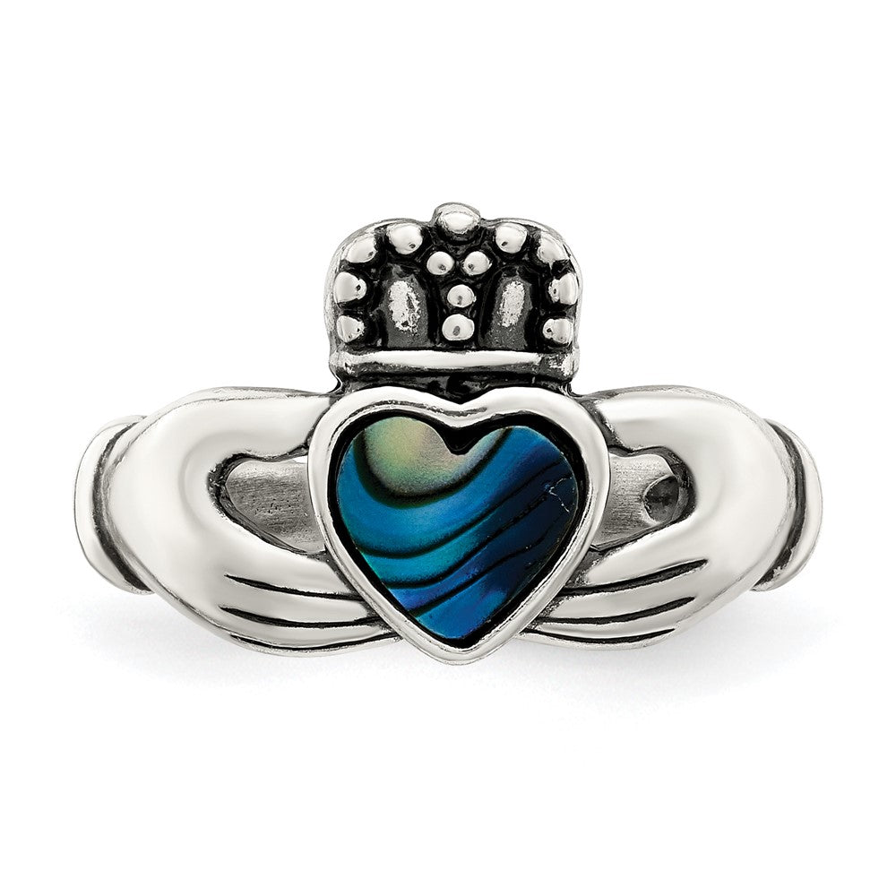 Sterling Silver Antiqued Abalone Inlay And Black Enamel Claddagh Ring