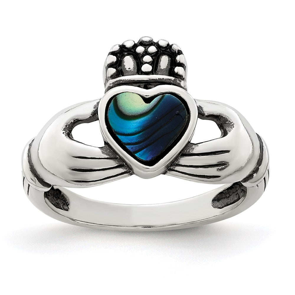 Sterling Silver Antiqued Abalone Inlay And Black Enamel Claddagh Ring