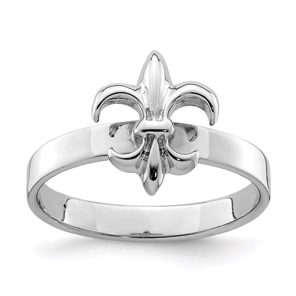 Sterling Silver Rhodium Plated 3mm Fleur De Lis Ring