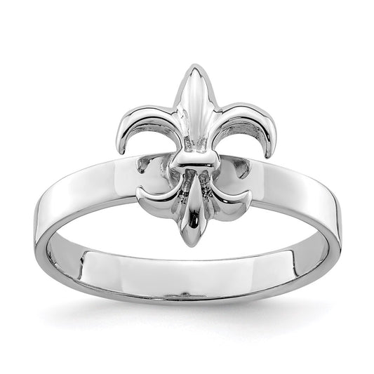 Sterling Silver Rhodium Plated 3mm Fleur De Lis Ring
