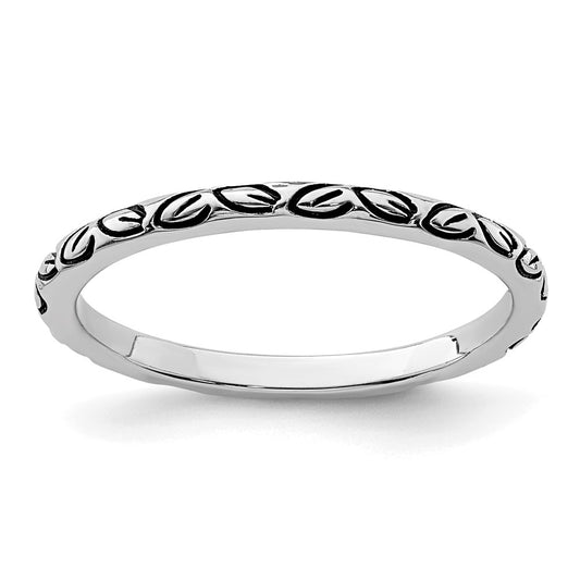 Sterling Silver Rhodium Plated Antiqued Leaf Band