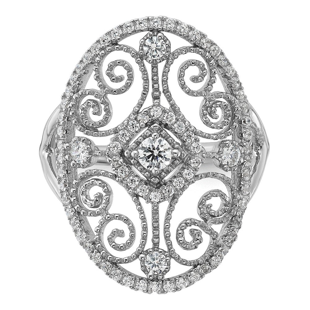 Sterling Silver Rhodium Plated Cz Filigree Oval Ring