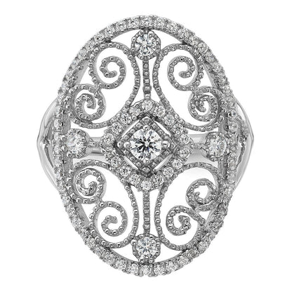 Sterling Silver Rhodium Plated Cz Filigree Oval Ring