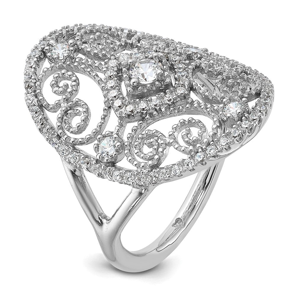 Sterling Silver Rhodium Plated Cz Filigree Oval Ring