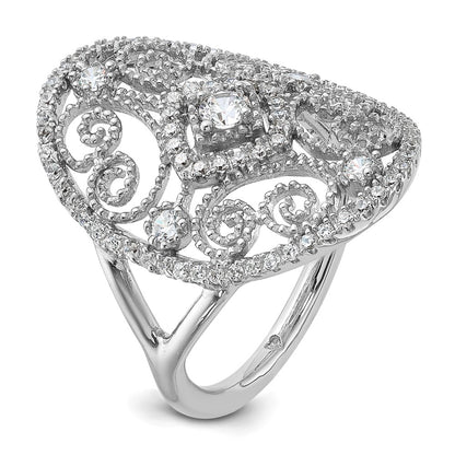 Sterling Silver Rhodium Plated Cz Filigree Oval Ring