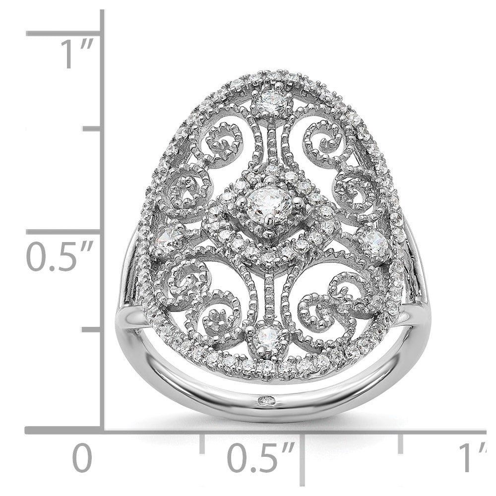 Sterling Silver Rhodium Plated Cz Filigree Oval Ring