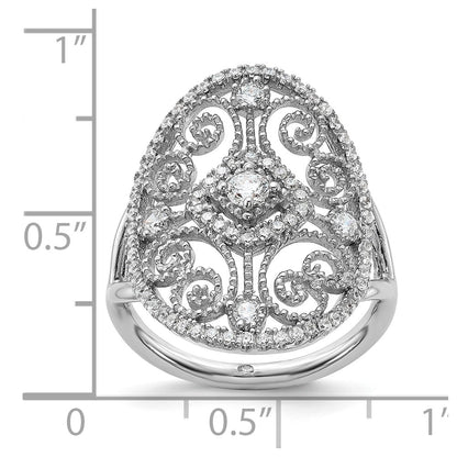Sterling Silver Rhodium Plated Cz Filigree Oval Ring