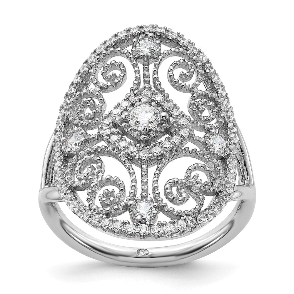Sterling Silver Rhodium Plated Cz Filigree Oval Ring