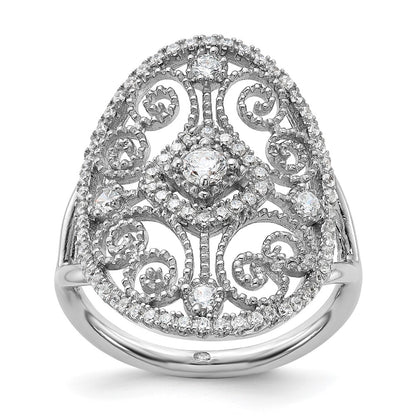 Sterling Silver Rhodium Plated Cz Filigree Oval Ring
