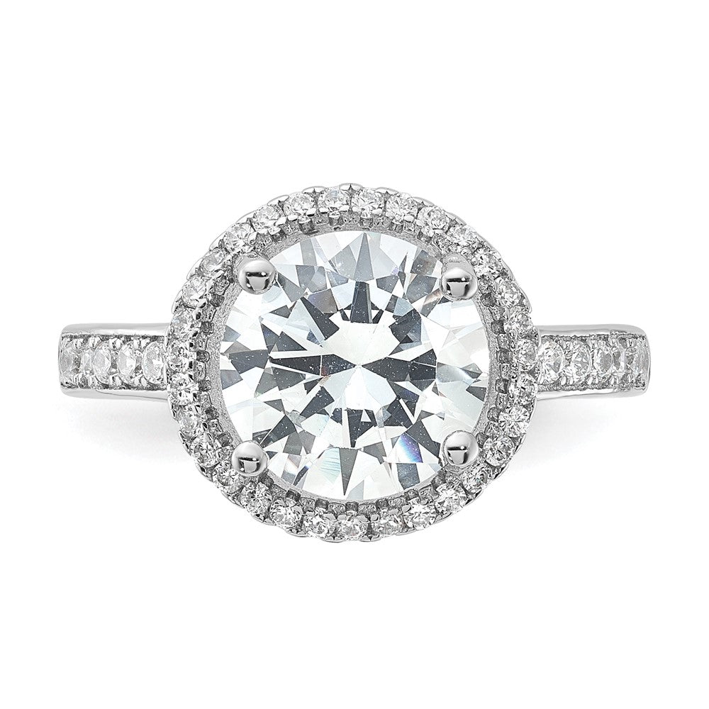 Sterling Silver Rhodium Plated 8mm Center Halo Cz Ring