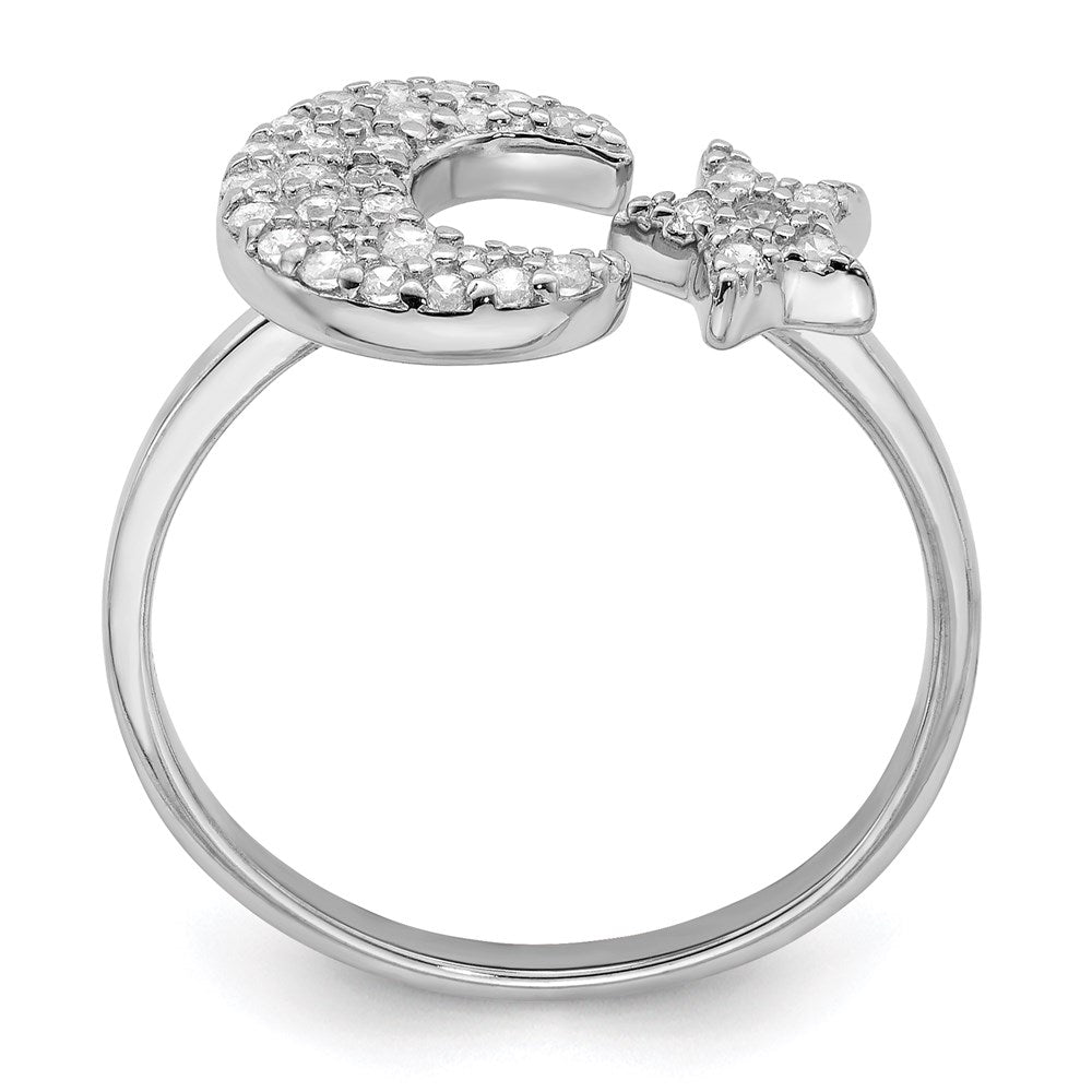 Sterling Silver Rhodium Plated Cz Star & Moon Ring