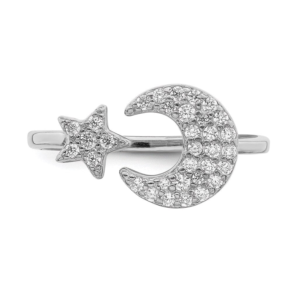 Sterling Silver Rhodium Plated Cz Star & Moon Ring