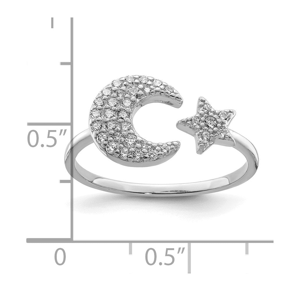 Sterling Silver Rhodium Plated Cz Star & Moon Ring