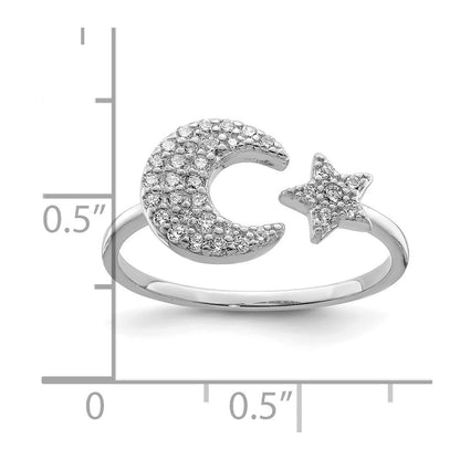 Sterling Silver Rhodium Plated Cz Star & Moon Ring