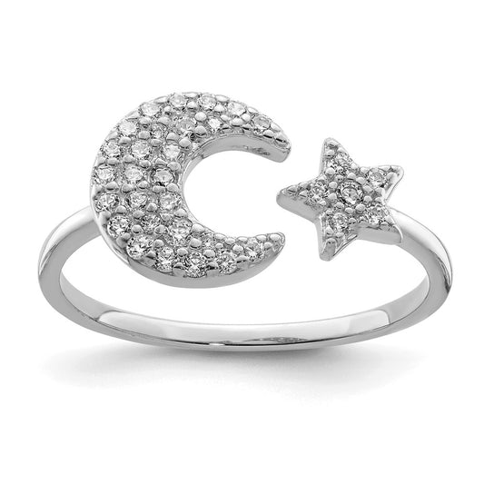 Sterling Silver Rhodium Plated Cz Star & Moon Ring