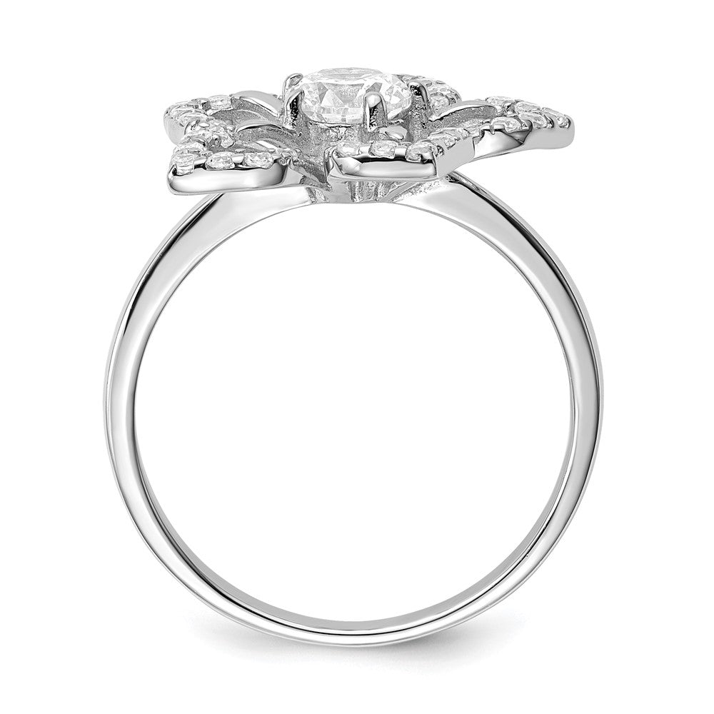 Sterling Silver Rhodium Plated Cz Flower Ring