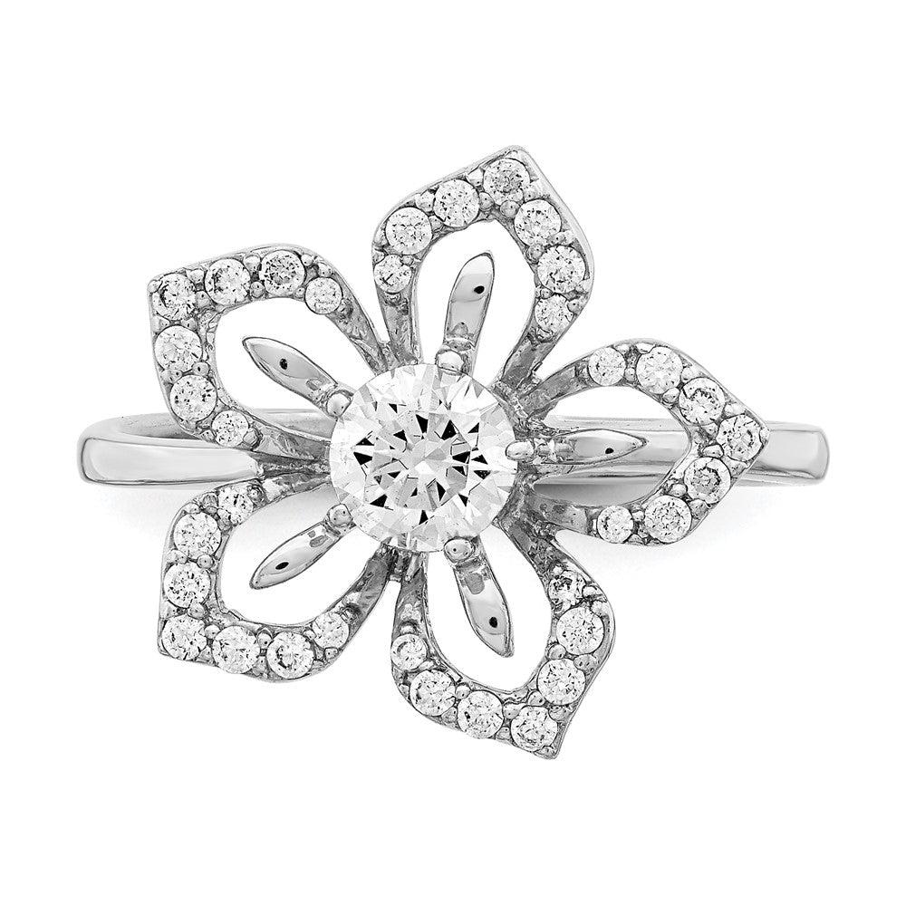 Sterling Silver Rhodium Plated Cz Flower Ring
